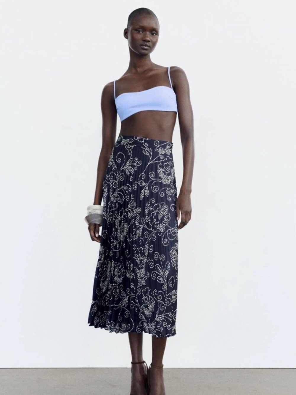 Zara Pleated Satin Dotted Floral Midi Skirt - Picture 2 of 8